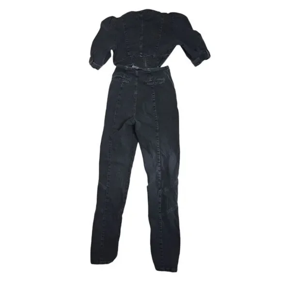 RETROFETE‎ black denim puff sleeve Kiara utility jumpsuit XS